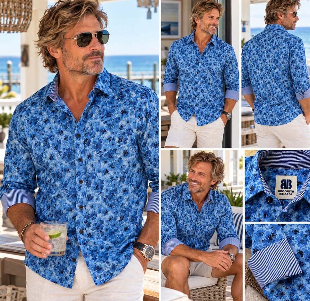 NWT Brooklyn Brigade Maverick Men’s M Blue Floral Performance Shirt Stretch